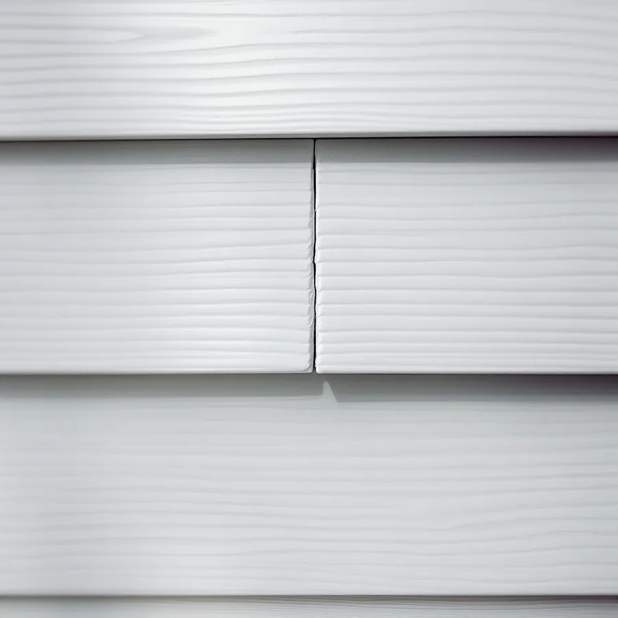 Hairline crack running down the end of a white vinyl siding panel at the joint with its neighbor