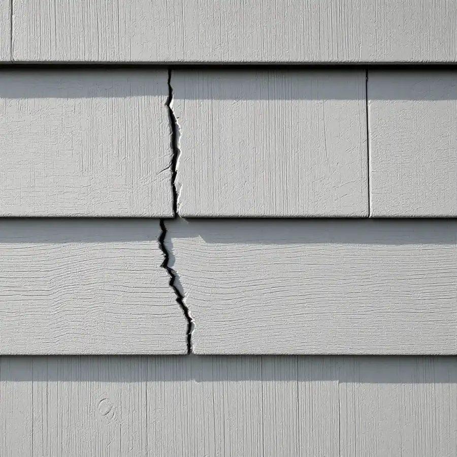 Gray painted fiber cement siding with a jagged crack running down through two courses of planks