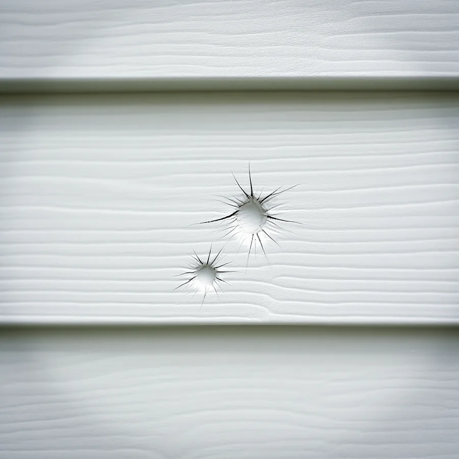 White vinyl siding panel with two star-shaped cracks and small holes where hail struck