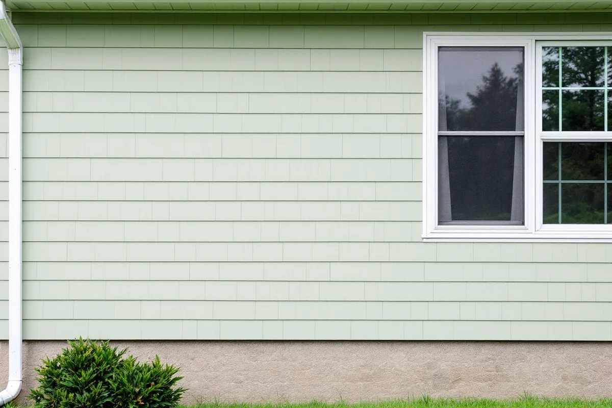Side wall of a house in pale green vinyl siding with a white window, a downspout and a shrub at the base