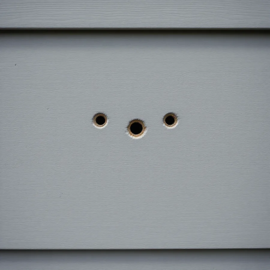Three round holes about the size of a pencil in a gray vinyl siding panel, with the darker wall behind showing through