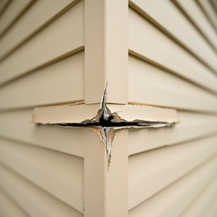 Outside corner post on tan vinyl siding with the corner torn open and the course beside it ripped away, a dark gap showing