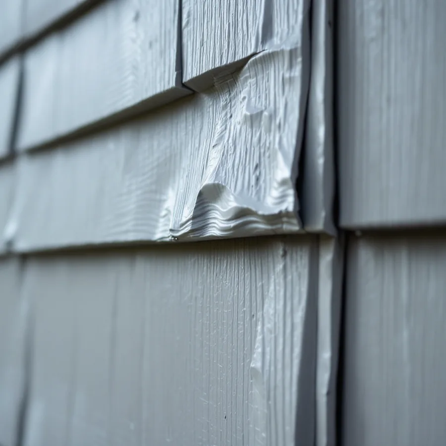 Distorted gray siding panel next to a joint, the surface crumpled and pushed out of line with its neighbors
