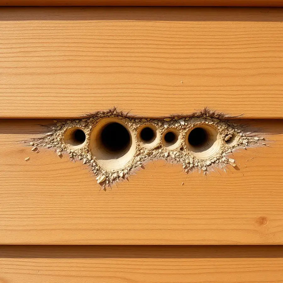 Five round holes drilled through natural wood lap siding with wood chips and splinters around them