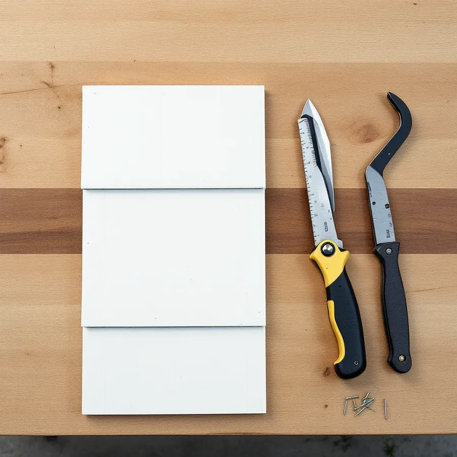 Top-down view of a short cut piece of white vinyl siding, a hooked unlock tool, a utility knife and a few galvanized nails on a wooden bench