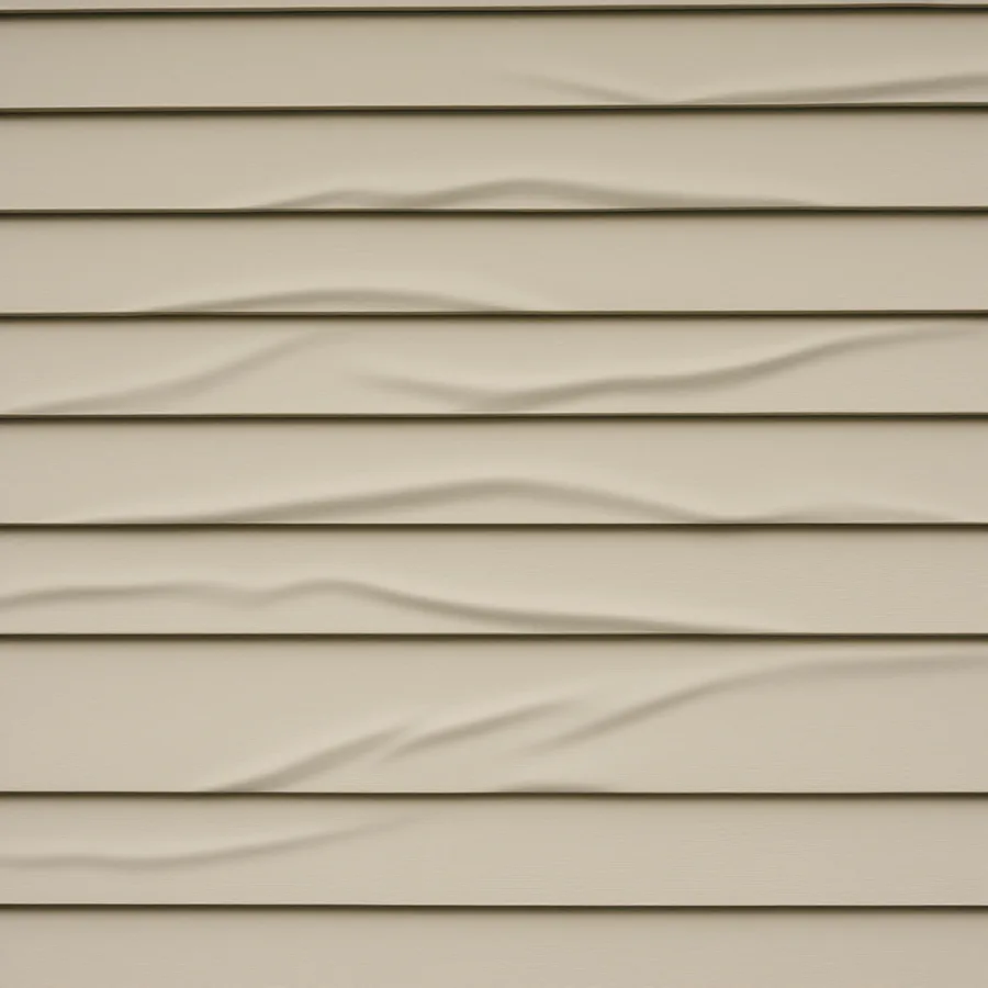 Wall of beige vinyl lap siding with several courses rippling and bulging along their length