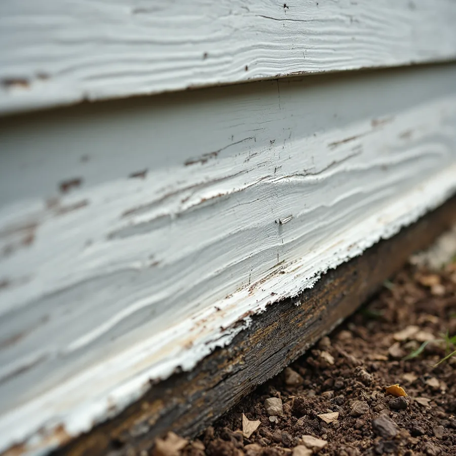 Bottom course of old painted wood siding just above bare soil, the paint peeling and the lowest board dark and rough along its edge