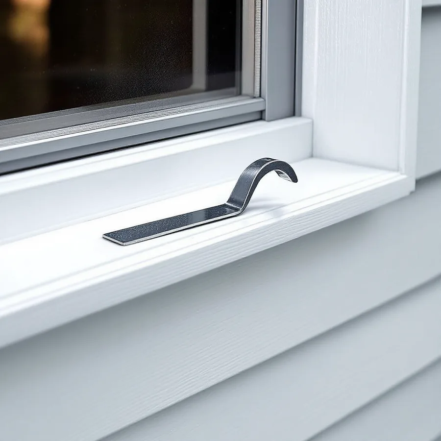 Flat steel hooked siding unlock tool lying on a white window sill above courses of gray vinyl siding