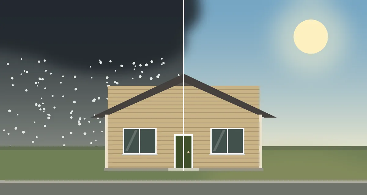 Drawing of a one-story house with tan lap siding, split down the middle: storm clouds and falling hail on the left, a hard summer sun on the right