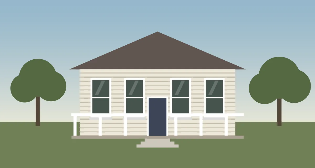 Drawing of a one-story wood cottage with a front porch, painted drop siding and tall windows, the kind of house found in older San Antonio neighborhoods