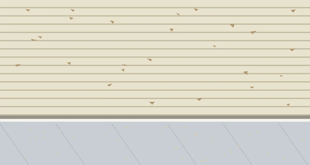 Drawing of an older painted wood wall with plastic sheeting spread on the ground below it to catch paint chips during siding removal
