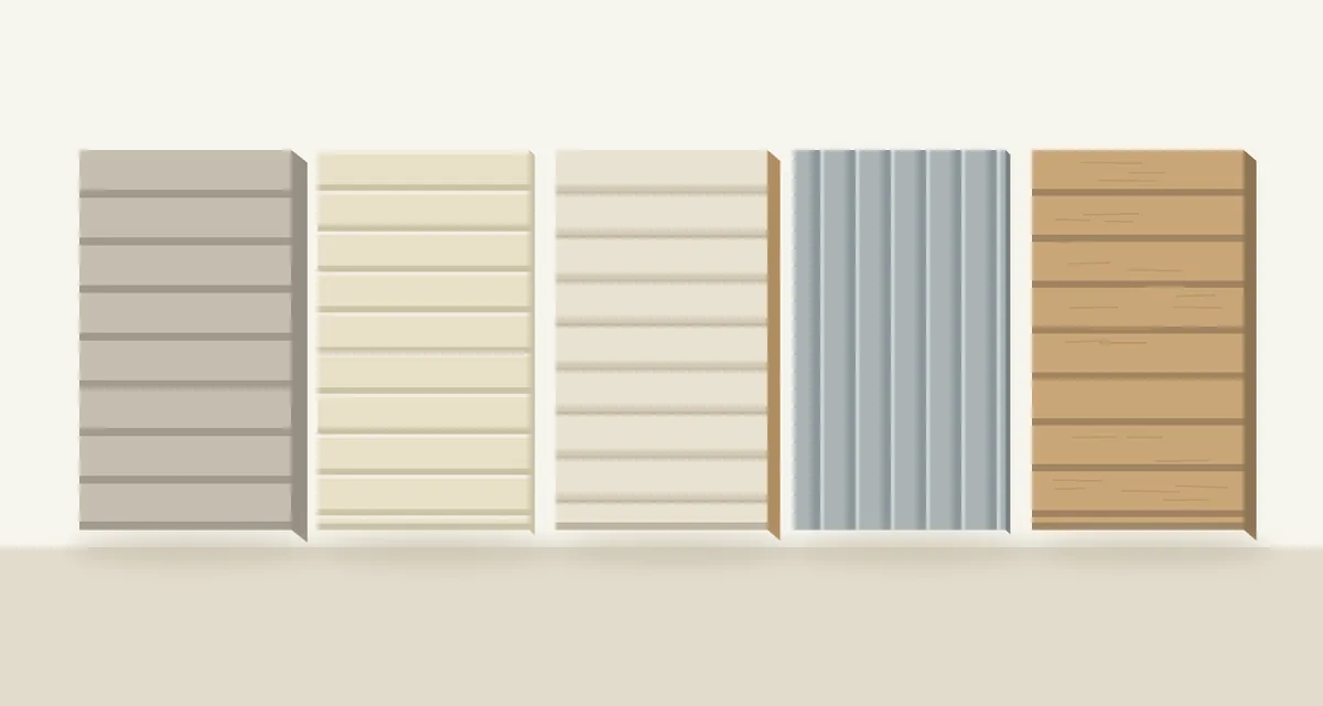 Drawing of five siding samples side by side: fiber cement plank, vinyl lap, painted wood drop siding, ribbed metal panel and engineered wood lap, each with its cut edge showing