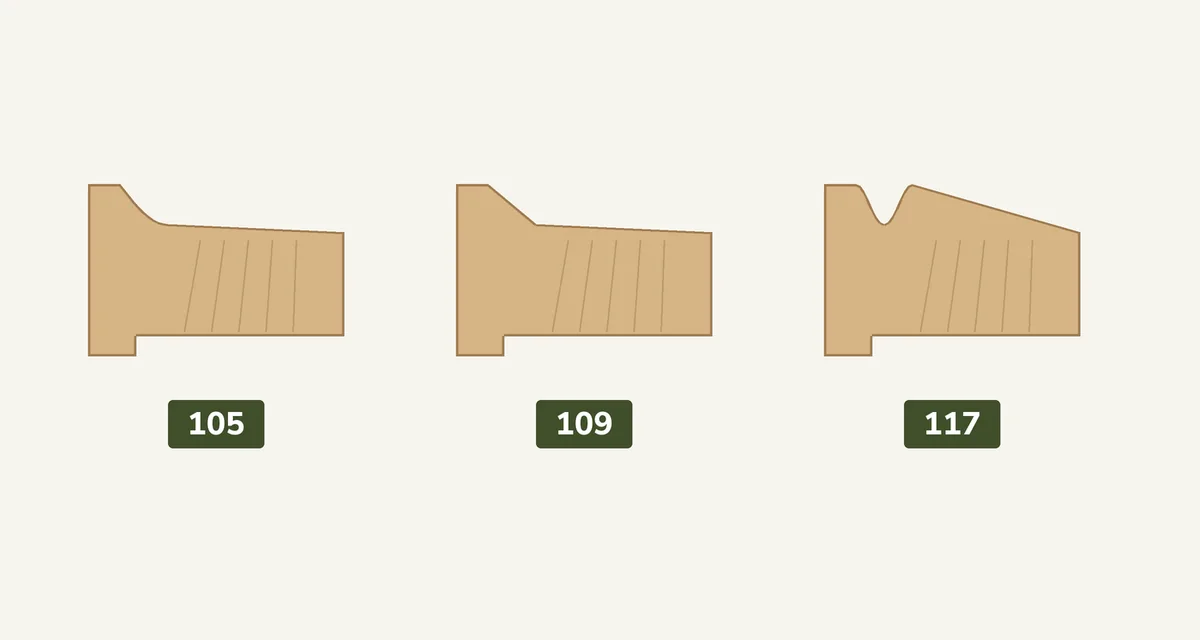 Cross-section drawing of three wood drop siding profiles, numbered 105, 109 and 117, showing the cove, the bevel and the double curve along the top edge of each board