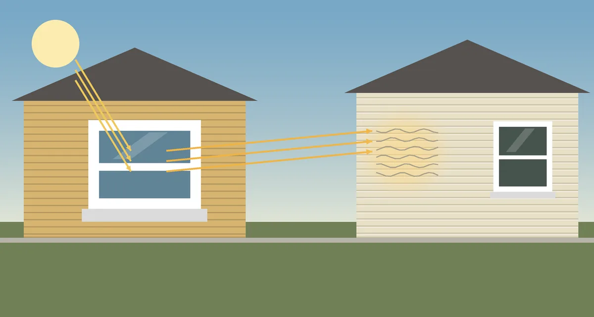 Drawing of sunlight bouncing off a double-pane window on one house onto the vinyl siding of the house next door, where the panels ripple