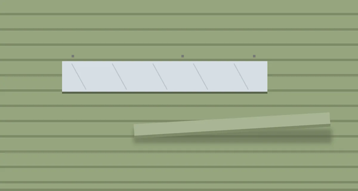 Drawing of a lap siding wall with two cracked boards removed, showing the house wrap behind, and a new board ready to slide into the gap