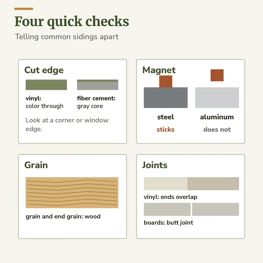 Four panels showing quick checks for siding type: vinyl color through the cut edge, a magnet sticking to steel and not aluminum, wood grain and end grain, fiber cement butt joints and weight