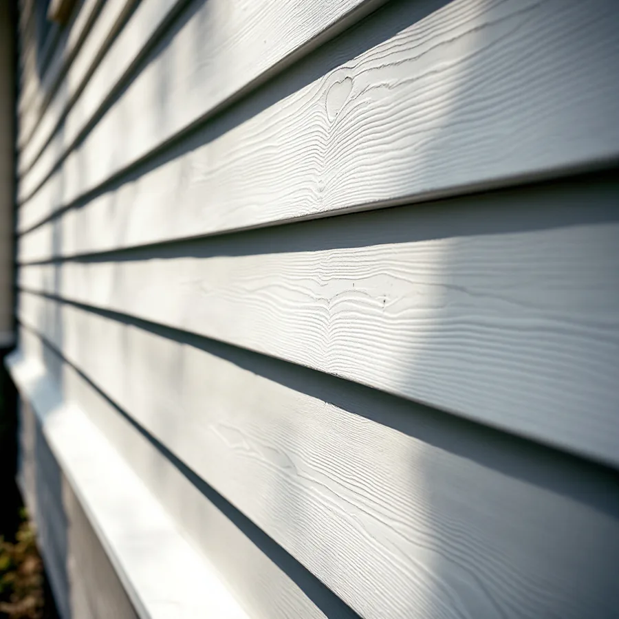 Close view along a wall of pale lap siding with a wood grain, flat courses stepping out one over another in raking light