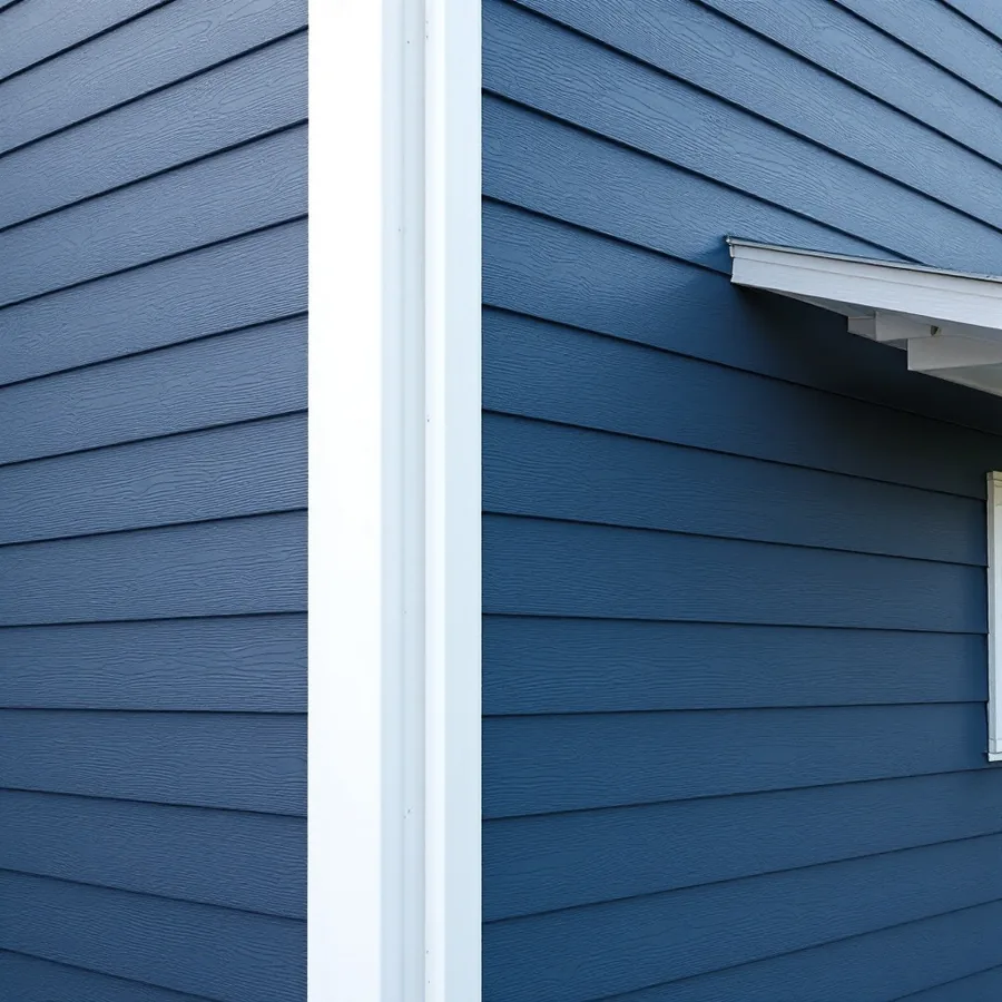 Deep navy blue lap siding on two walls of a house meeting at a white corner post