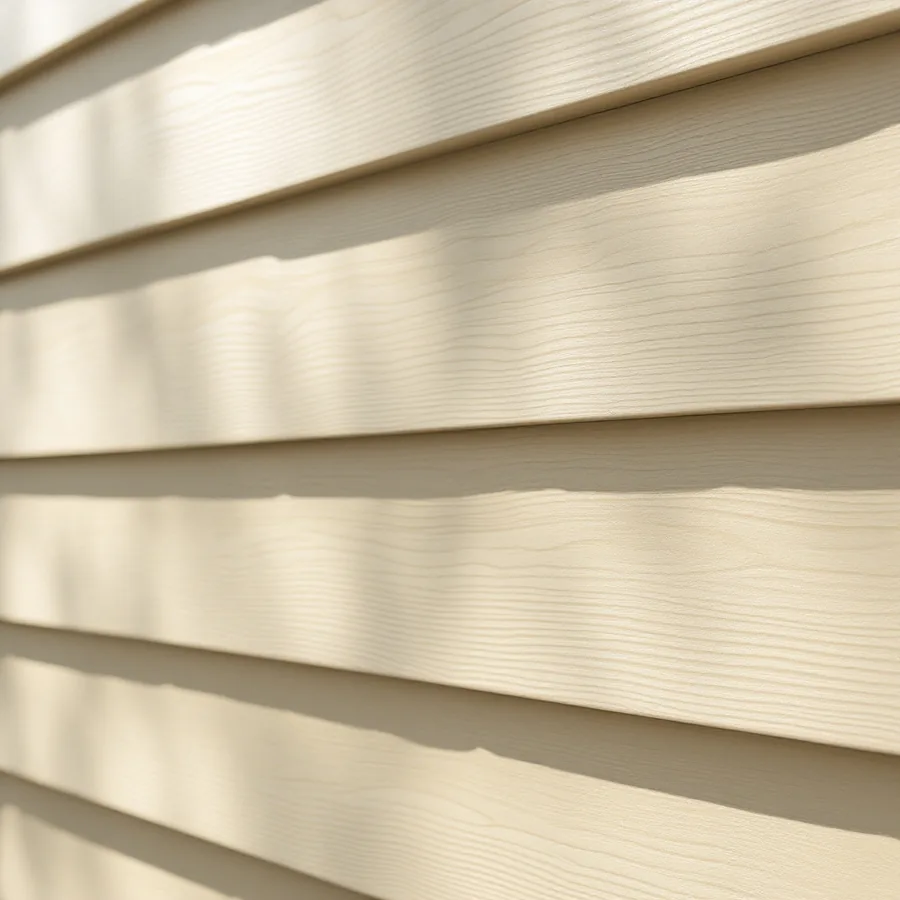 Close view of beige lap siding in low sunlight with a deep shadow under each course
