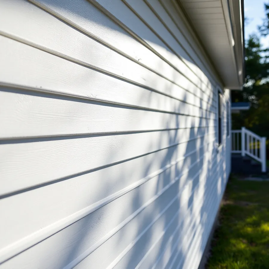 Looking along a white lap siding wall that lies flat and straight, with long level shadow lines running to the far corner