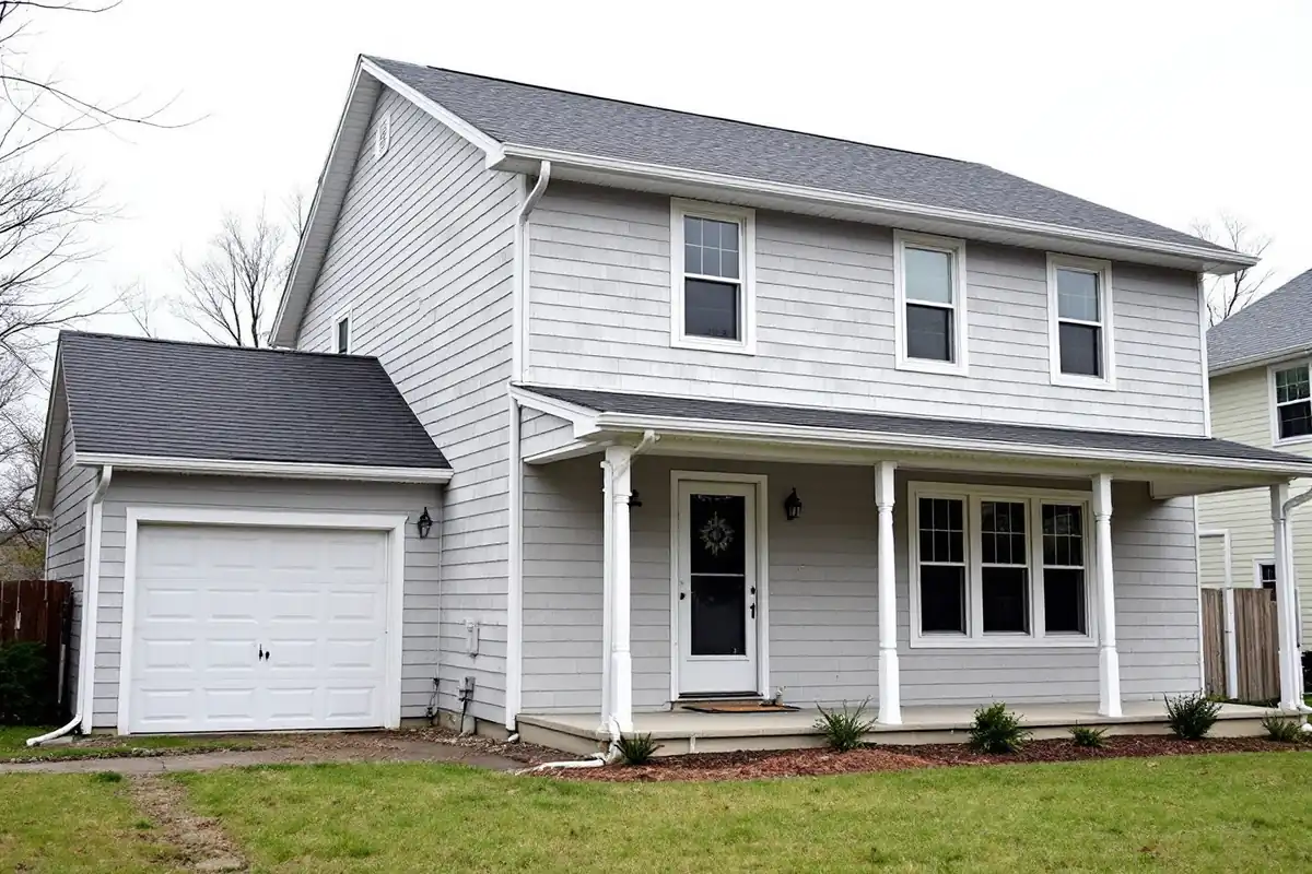 Two-story light gray vinyl sided house with white trim, a covered front porch with white posts, a small attached garage and a dark shingle roof, seen across a lawn