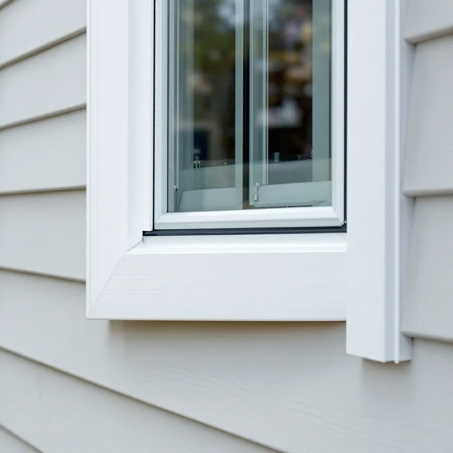 Lower corner of a white window set in pale gray lap siding, with white channel trim around the frame and the siding courses ending against it