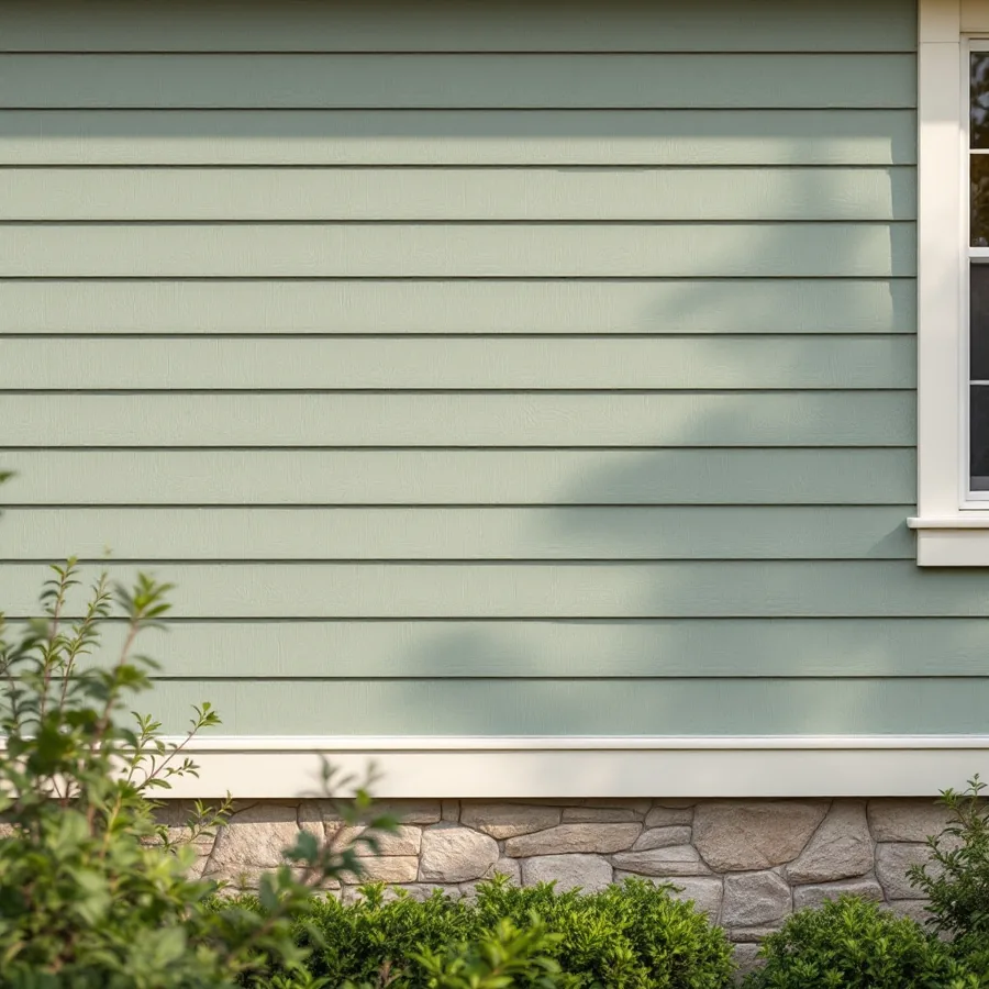 Muted sage green lap siding above a stone foundation, with cream window trim and shrubs in front