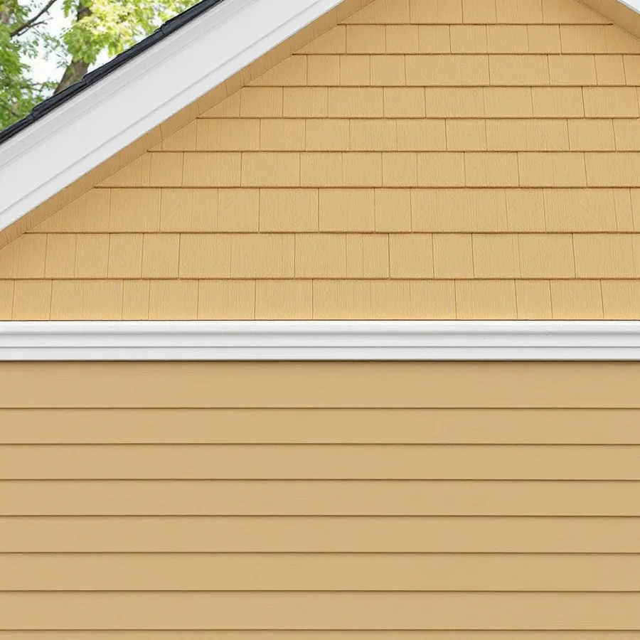Tan shake pattern siding with staggered edges in a gable above tan horizontal lap siding, with a white trim band between them