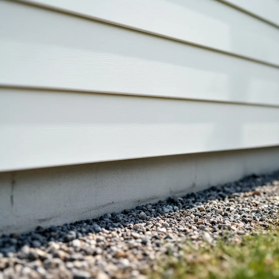 Bottom course of pale lap siding running level above a concrete foundation and a strip of gravel