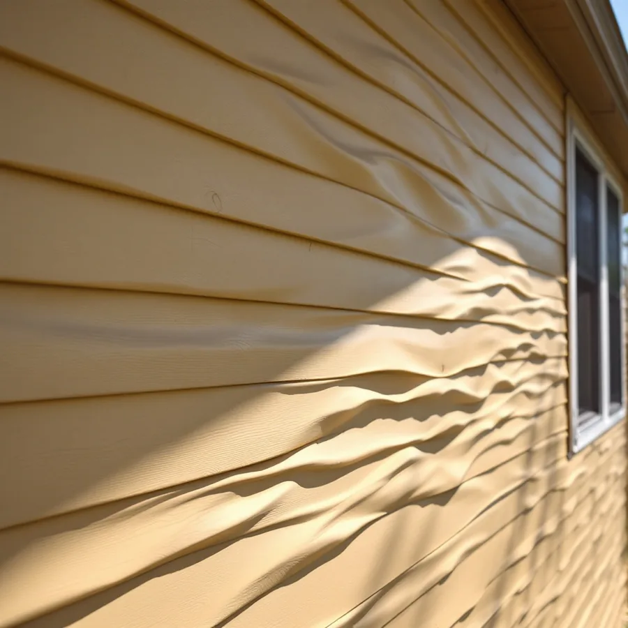 Tan lap siding wall in low sunlight, the courses buckled and rippling instead of lying straight