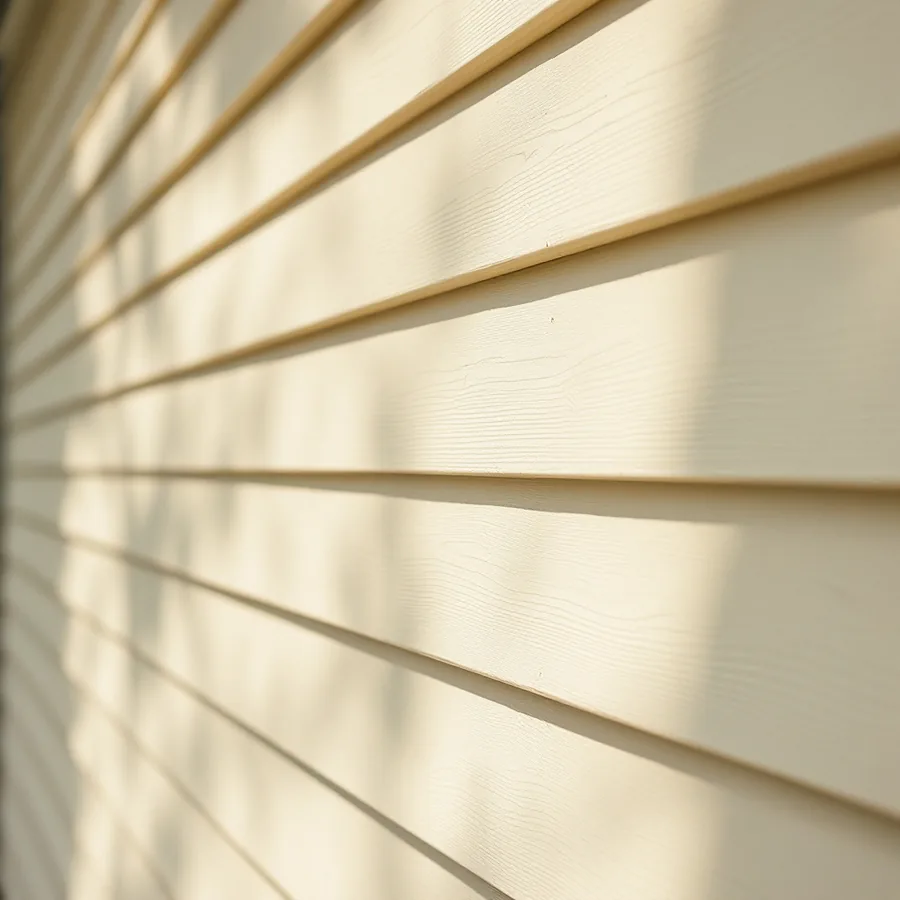 Close view along a wall of cream painted wooden bevel siding, each board overlapping the one below, in raking light