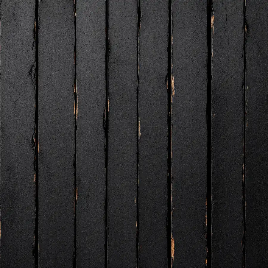 Vertical wooden boards with a charred matte black surface and fine cracks along the edges