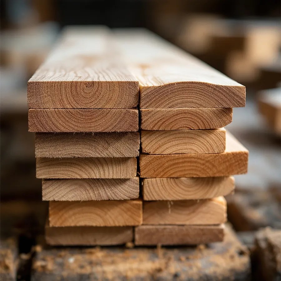 Sawn ends of a small stack of wooden boards showing the curved growth rings on each
