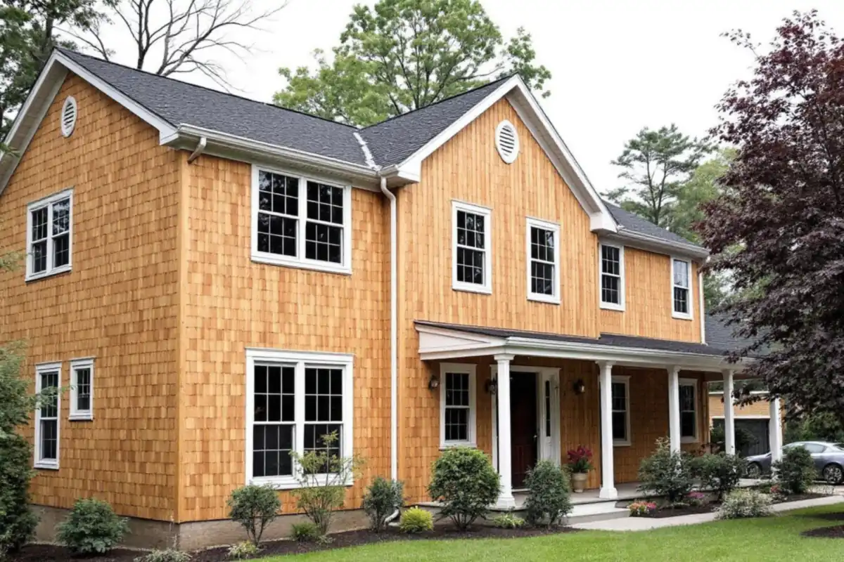 Two-story house clad in warm brown cedar shingles with white window trim, a covered front porch and a dark shingle roof, with shrubs along the front