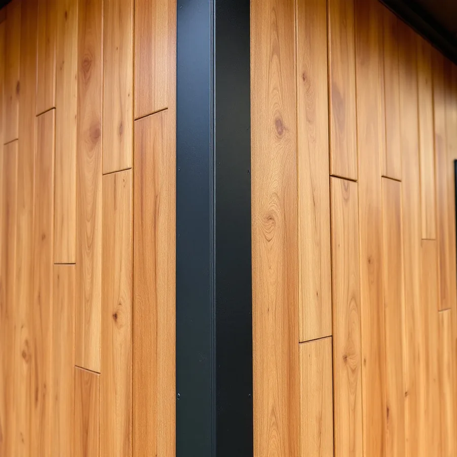 Metal siding panels printed with a warm wood grain on two walls meeting at a black metal corner trim