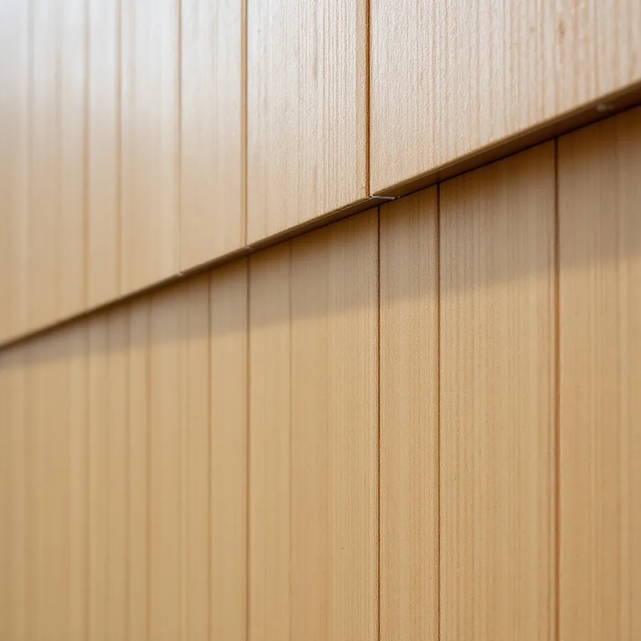 Tan plywood siding sheets with vertical grooves and a horizontal joint with flashing between the upper and lower sheets