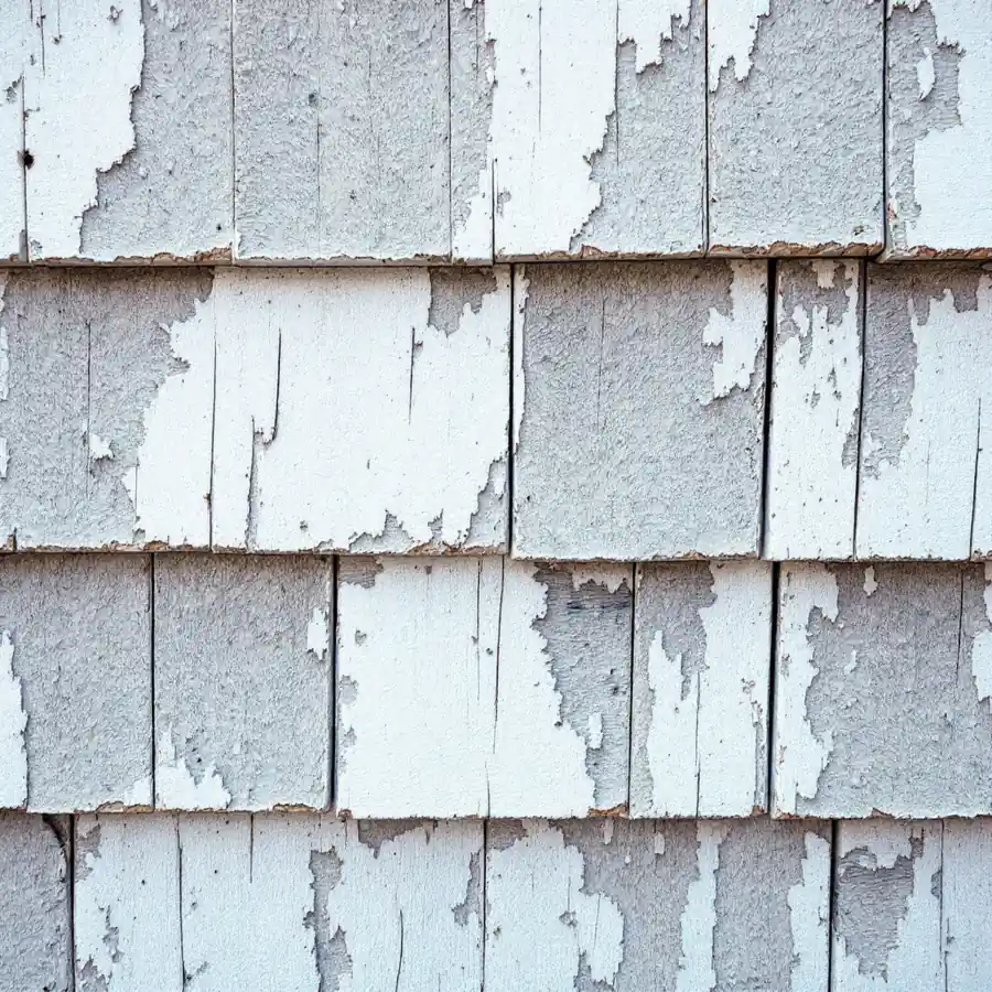 Old wooden shingles with white paint peeling off in flakes and bare gray wood underneath