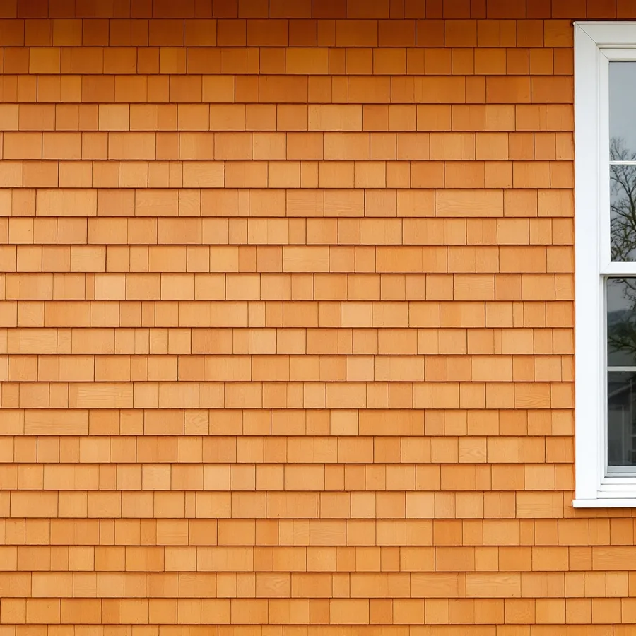 Wall of warm brown cedar shingles in even straight courses beside a white trimmed window