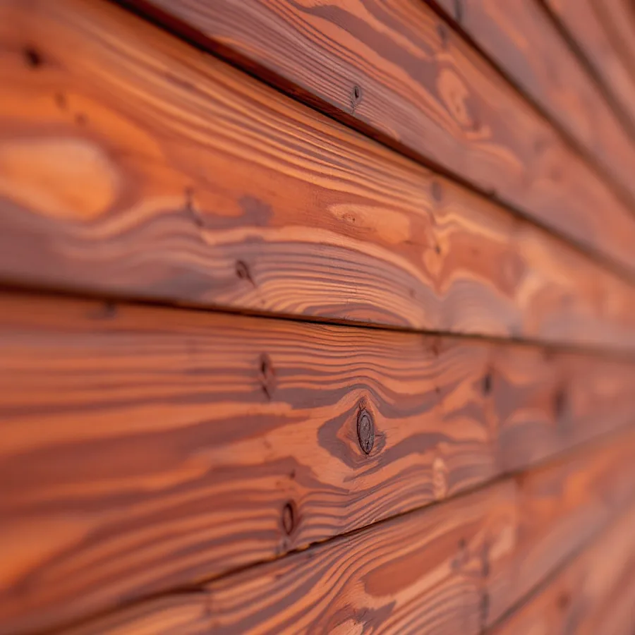 Close view of wooden siding boards under a reddish brown semi-transparent stain with the grain showing through