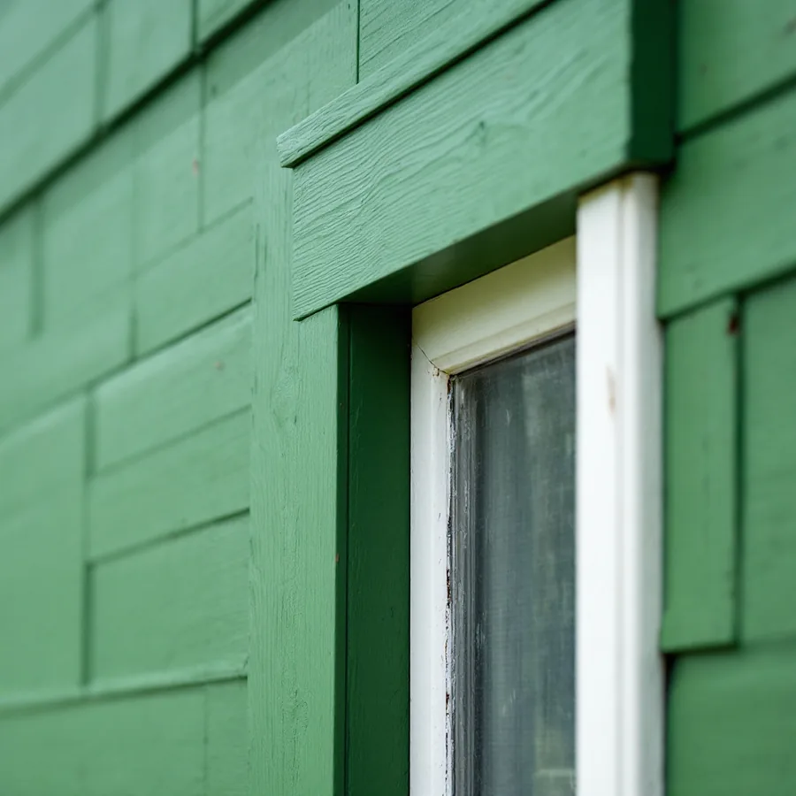 Green painted wooden siding cut against a painted window casing with a small drip cap above it