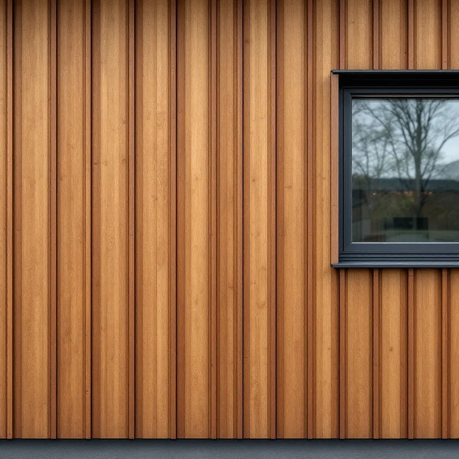 Wall of brown stained vertical wooden boards with tight joints and a black framed window