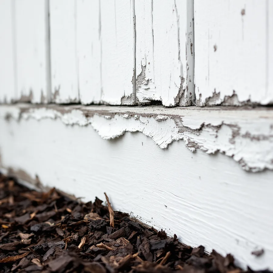 Lowest boards of a white painted wooden wall just above mulch, with frayed swollen ends and peeling paint