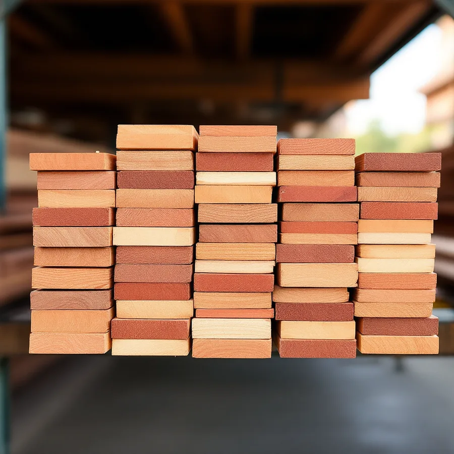 Stack of new cedar boards in reddish brown and pale tones, cut ends facing the camera