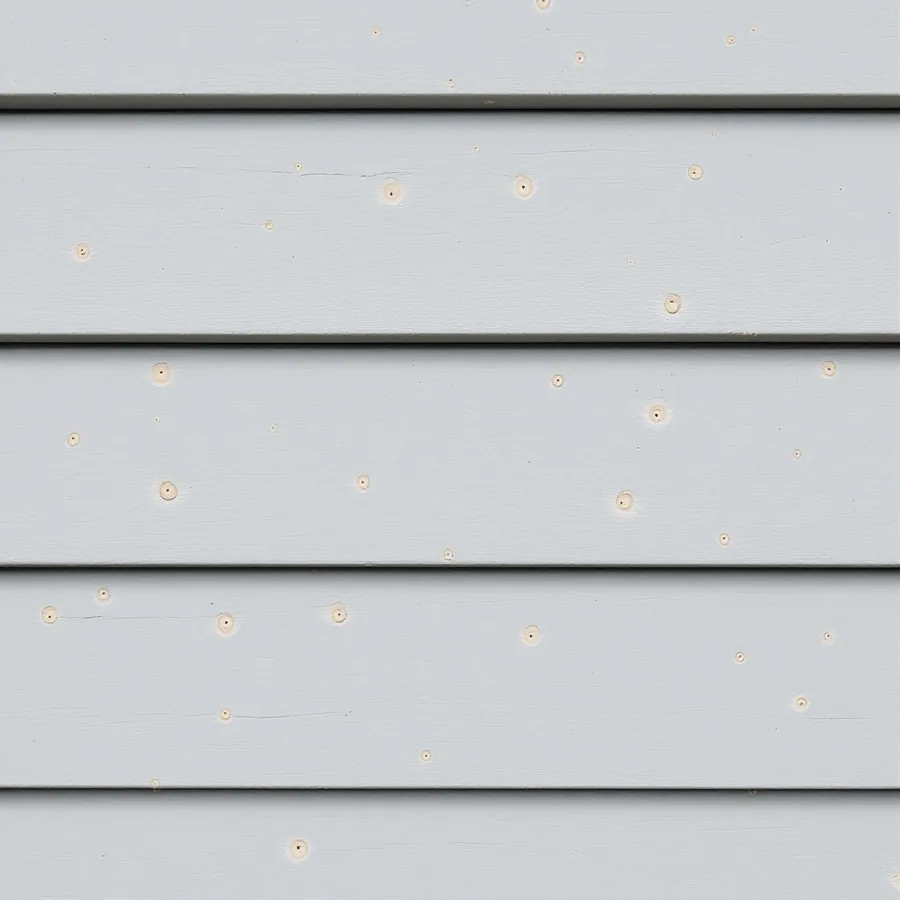 Close view of gray painted wooden siding with small scattered round spots where paint has been knocked off to bare wood