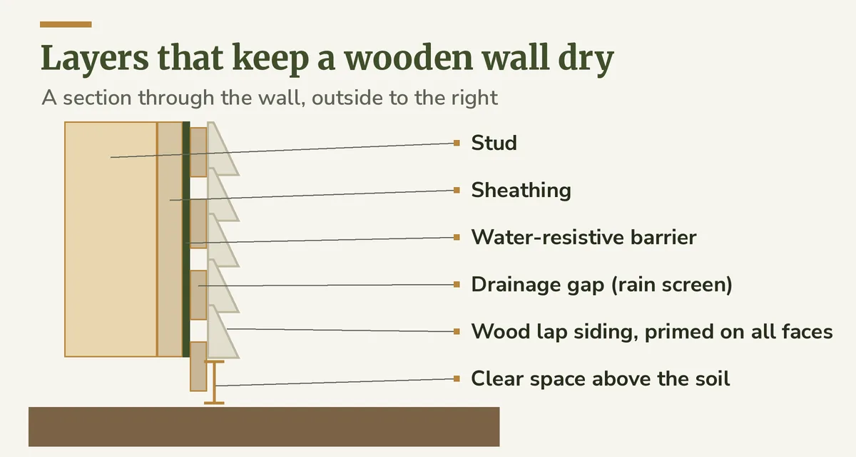 Cross section of a wood sided wall showing studs, sheathing, a water resistive barrier, a narrow drainage gap behind the boards and a clear space between the bottom board and the soil