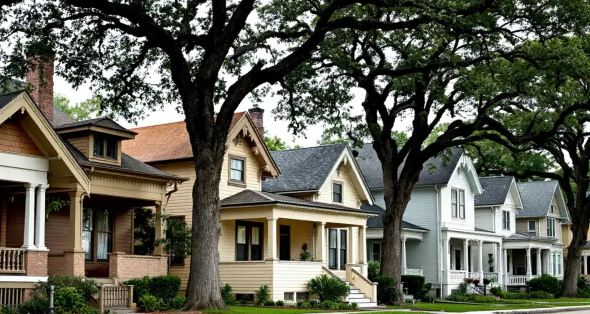 Row of early twentieth century wooden houses with painted lap siding, decorative shingles in the front gables and deep front porches on a tree lined street