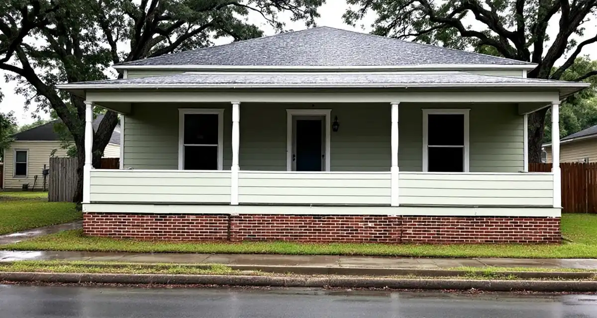 One-story wooden bungalow painted pale green with white trim and a deep front porch, raised on a low foundation, on a wet street after rain