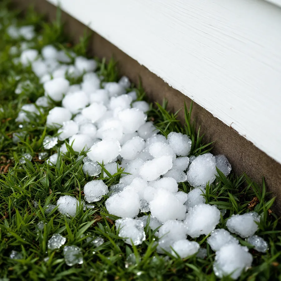 Hail of mixed sizes lying in the grass at the foot of a painted wooden wall after a storm