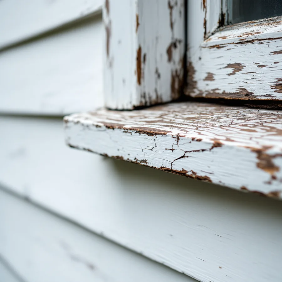 Painted wooden window sill with cracked, flaking paint and dark exposed wood along its edge above the siding boards