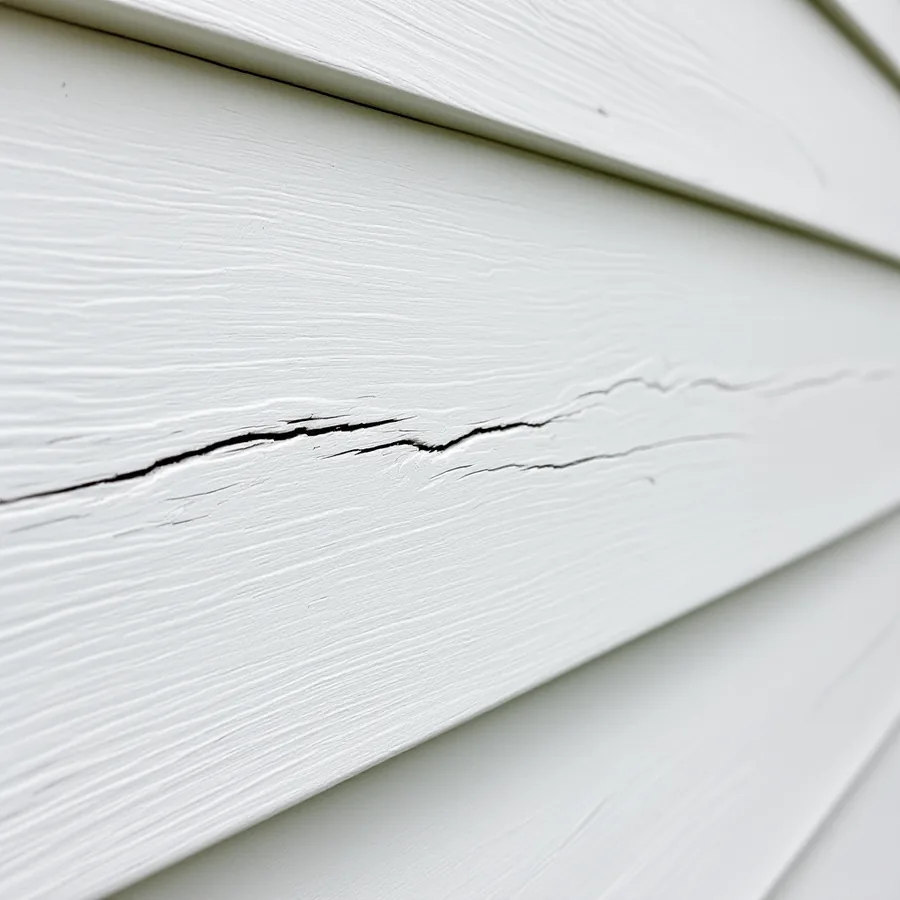 Painted wooden lap siding board with a fresh split running along the grain